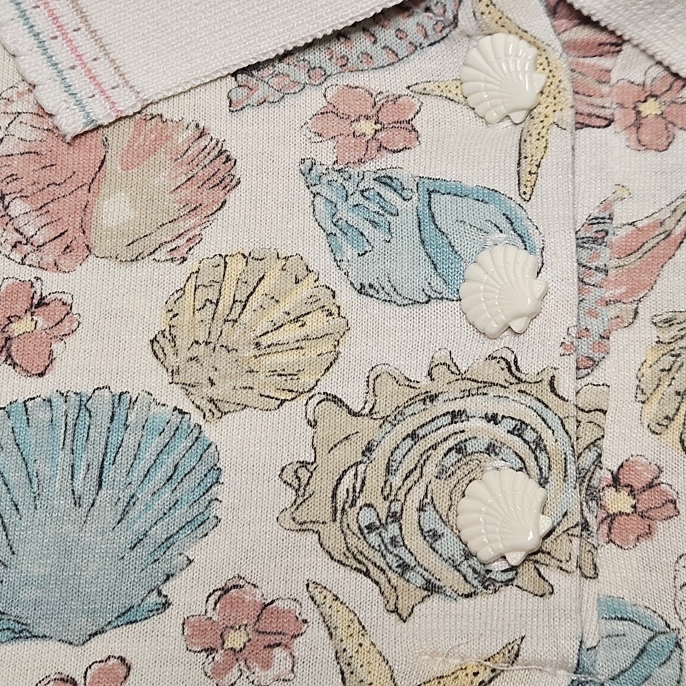 Cricket Lane Polo Shirt Womens Large Cream AOP Seashell Print Vintage 80s USA - Picture 3 of 9